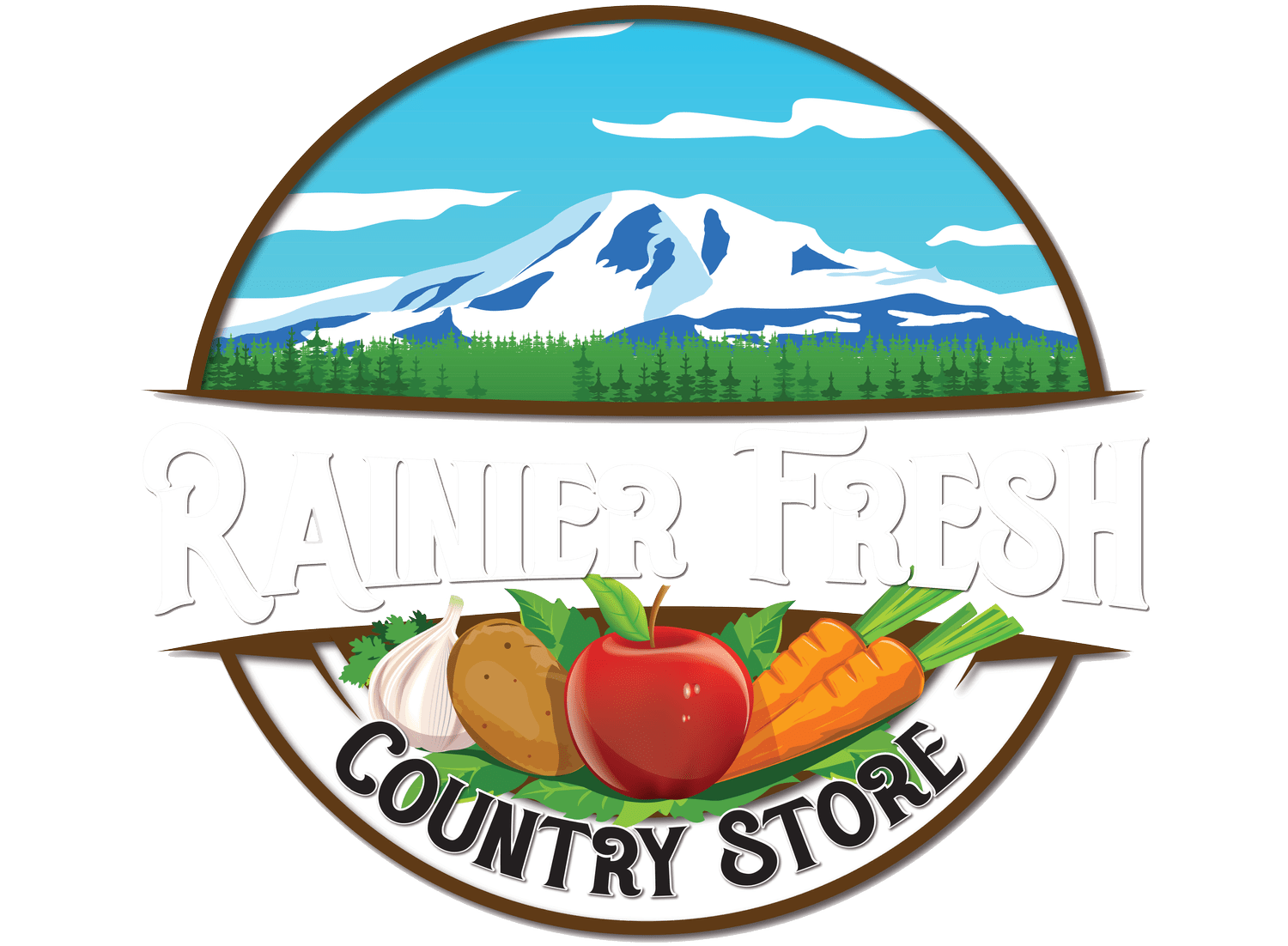 logo_RainierFresh Logo of Rainier Fresh Country Store featuring a scenic mountain backdrop, fresh produce including an apple, carrot, potato, and garlic, emphasizing local and organic offerings.